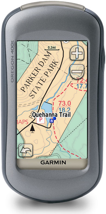 Garmin Oregon GPS show with Custom Maps of the Quehanna Trail obtained from DCNR